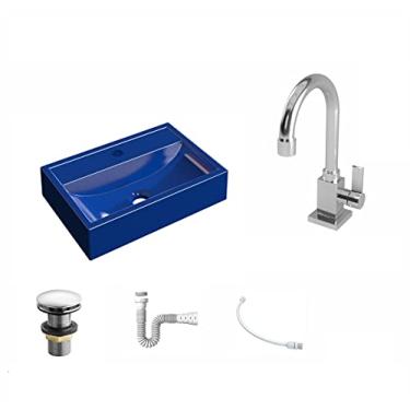 Imagem de Kit Cuba Q45 C/Torneira Luxo 1195 Metal + Válvula Click 1 1/2'' (04cm) + Sifão Pvc + Flexível Azul Escuro