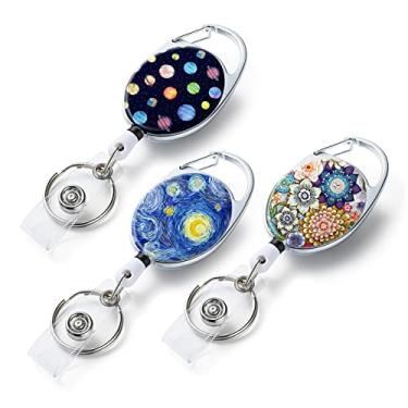 Imagem de Pacote com 3 carretéis de crachá retráteis, com padrão de impressão de cor dupla face retrátil, com chaveiro retrátil, clipe de crachá e chaveiro, corda retrátil de nylon durável