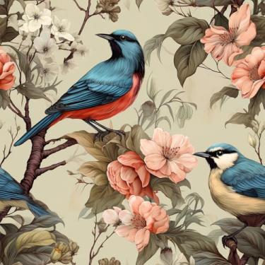 Imagem de VEELIKE Papel de parede retrô de pássaro, pré-colado, vintage, floral, descasque e cole para quarto, banheiro, 48 x 39 cm, papel de parede chinoiserie adesivo floral para paredes, armários e gavetas