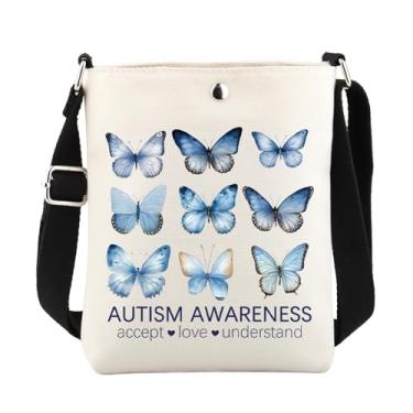 Imagem de FUSTMW Presentes de conscientização do autismo, bolsa tiracolo para professores de autismo, estampa de borboleta, bolsa balde com alça de ombro, Bolsa corporal para autismo