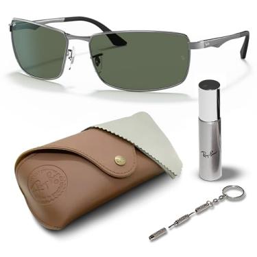 Imagem de Ray-Ban RB3498 Óculos de sol retangulares com kit de óculos – protetores de nariz ajustáveis – Óculos de sol retrô, Armação de bronze polido | Lente verde G-15, 61mm