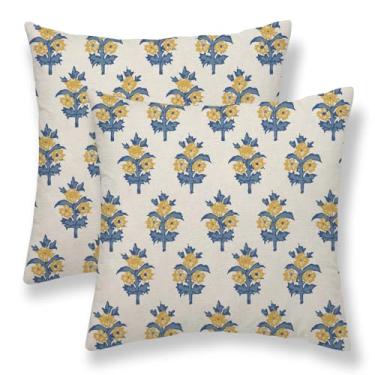 Imagem de Sunshineyan Conjunto de 2 capas de almofada florais azuis amarelas 45,7 x 45,7 cm, decorações com estampa de blocos de folhas de flores, capa de almofada de casa de fazenda ao ar livre, decoração