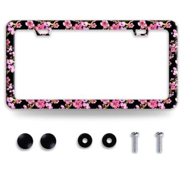 Imagem de Moldura de placa de licença de flor de cerejeira molduras engraçadas de placa de licença acessórios de aço inoxidável decoração de carros com 2 furos e parafusos serve para suporte de placa de veículo