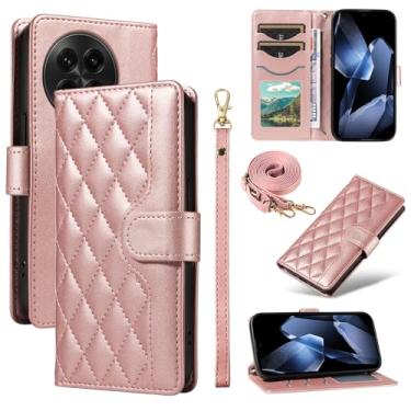 Imagem de MRRSIWEI Capa tipo carteira transversal para OnePlus 13 com porta-cartão, couro PU com alça de suporte para mulheres e meninas, capa para 1 + 13 / OnePlus 13. Treliça ouro rosa