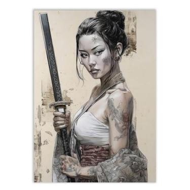 Imagem de Placa Decorativa Gueixa Tatuada Ilustração Espada Japão Anime Decoração Poster Quarto Sala