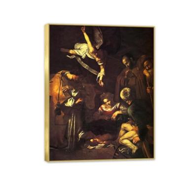 Imagem de Nativity with Saints Francis and Lawrence por Caravagio Impressão de arte famosa em tela famosa reprodução de pintura barroca melhora a decoração de sua casa ou escritório Moldura dourada de 40 x 30
