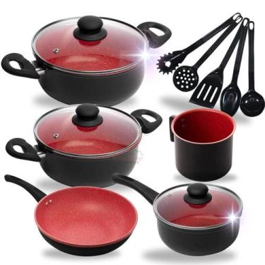 Imagem de Jogo de Panelas 10 Peças Indução Bege Preto com Vermelho Revestido em 
