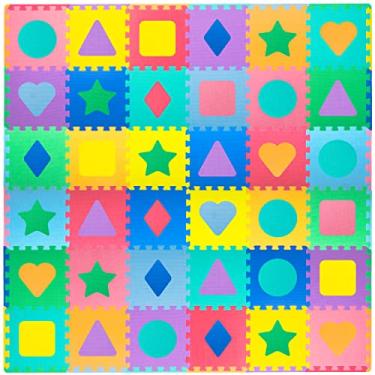 Imagem de ProSource Kids Foam Puzzle Floor Play Mat with Shapes & Colors 36 Tiles, 12"x12" and 24 Borders