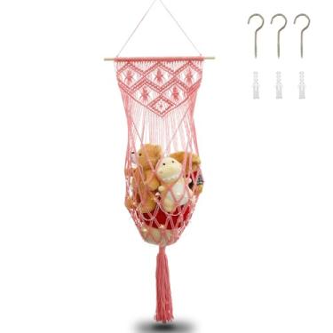 Imagem de Rede de brinquedo, canto de rede de bichos de pelúcia, rede de pelúcia com cordão de luz, rede de brinquedos de teto de macramê, suporte organizador rosa para pendurar na parede, organizador de quarto