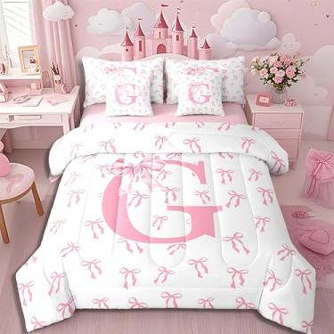 Imagem de Erosebridal Conjunto de edredom solteiro com laço rosa romântico, monograma, 7 peças, para crianças, meninas, com laço e laço em uma bolsa, moderno, rosa e branco, conjunto de lençol com edredom