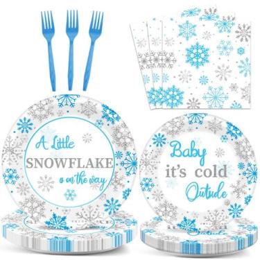 Imagem de Conjunto de pratos de flocos de neve para chá de bebê Woooffen, 96 uni