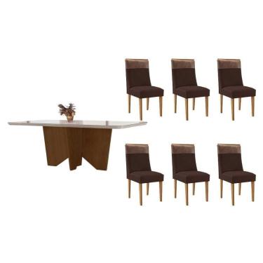 Imagem de Conjunto Sala de Jantar Nevada c/ Tampo Madeirado c/ Vidro Canto Curvo 180x90cm e 6 Cadeiras Jaspe Madeira Maciça Naturale/Off White - Capuccino/Suede