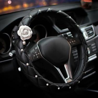 Imagem de Capa de volante de couro brilhante para mulheres, protetor de volante de carro, antiderrapante, ajuste universal, 36 cm - preto com camélia branca