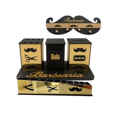 Imagem de Kit Completo Bancada de Barbearia Dourado Espelhado Organizador Suport