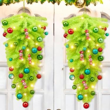 Imagem de Hotop Pacote com 2 grinaldas de gota de Natal verde-limão, 91 cm, guirlanda de guirlanda caprichosa com luzes de LED, bolas e enfeites de doces para decoração de janela de porta da frente de Natal