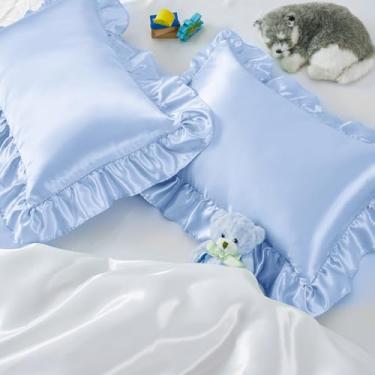 Imagem de Entisn Conjunto de 2 fronhas infantis de cetim com babados, 35 x 50 cm, fronhas sedosas com fecho de envelope, roupa de cama de berçário macia antirugas para meninas, meninos (azul bebê)