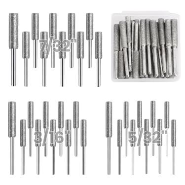 Imagem de Gabrella Afiador de motosserra de 30 peças, cabeça de moagem de diamante, ferramenta de afiação de serra de corrente banhada a titânio de alta dureza, 5/32, 3/16, 7/32 polegadas (prata)