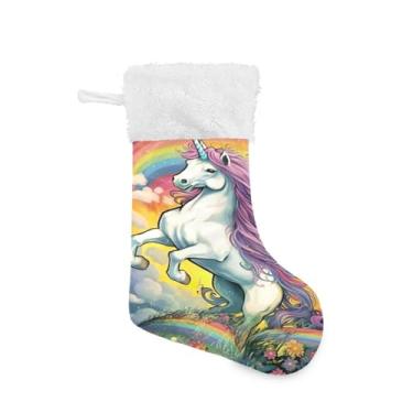 Imagem de ATTX Meias de Natal de cavalo arco-íris, suporte de presente branco de pelúcia para decorações de festas de fim de ano (48 cm, pacote com 2) #423