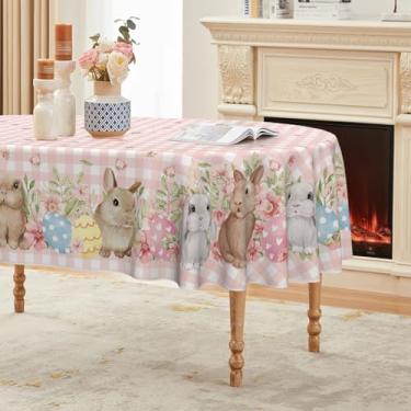 Imagem de Horaldaily Toalha de mesa de Páscoa 152 × 213 cm, oval, coelhinhos, xadrez, búfalo, rosa, lavável, capa de mesa sazonal para decoração de festa, piquenique, jantar