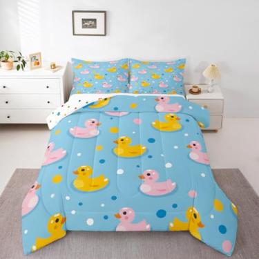 Imagem de Erosebridal Jogo de cama infantil Kawaii Duck – Conjunto de edredom de patos de borracha rosa amarelo para meninas e meninos, colcha de bolinhas coloridas, decoração de quarto de desenho animado com 1