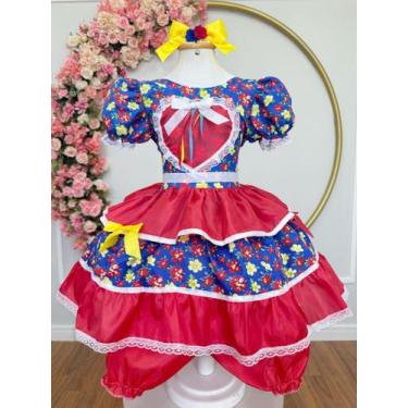 Imagem de Vestido Festa Junina Infantil Vermelho Azul Coração Junino Flores Caip