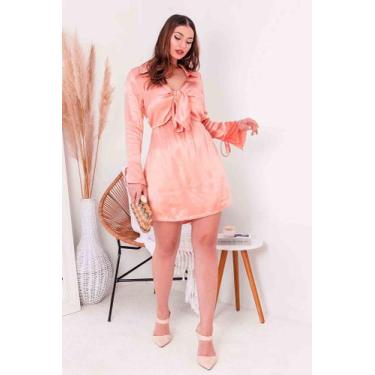 Imagem de Vestido Curto decote V Com Gola Lapela E Manga Bufante - CYNDRA, Salmã