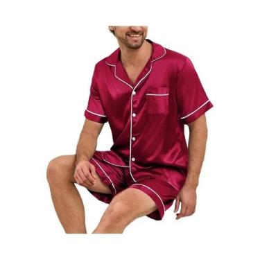 Imagem de Conjunto De Pijama De Verão Masculino Em Cetim Com Camisa De Manga Cur