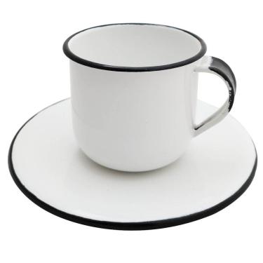 Imagem de Caneca Esmaltada Xícara Com Pires Para Chá Café 180ml Branco