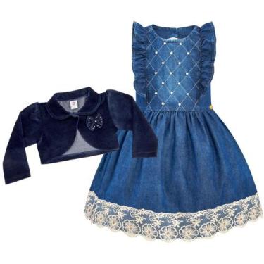 Imagem de Vestido Infantil Jeans Detalhes Renda Com Bolero Azul Marinho Aniversá