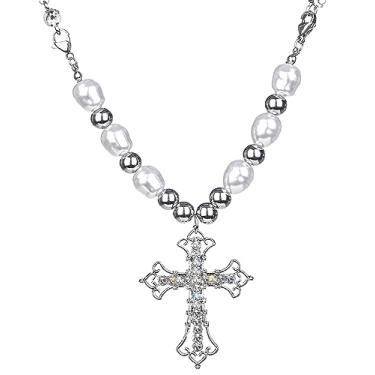 Imagem de Girlssory Colar vintage com pingente de cruz de strass celta longo, colar gargantilha com contas de pérola prata para mulheres