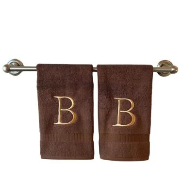 Imagem de Toalha de mão marrom inicial para banheiro - Toalha bordada decorativa de qualidade de hotel de luxo monograma para lavabo, spa - Certificado orgânico GOTS - Conjunto de 2 bege letra B