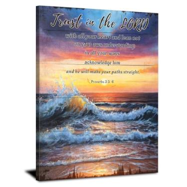 Imagem de Arte de parede em tela cristã Provérbios 3 5-6 versículo bíblico decoração de parede para sala de estar quarto Trust in The Lord With All Your Heart Pôr do sol oceano praia pintura decoração arte