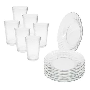 Imagem de Jogo 12 Peças Aparelho de Jantar 6 Pratos Fundo Liso Vidro + 6 Copos Latino(Verão + Prato Marguerite)