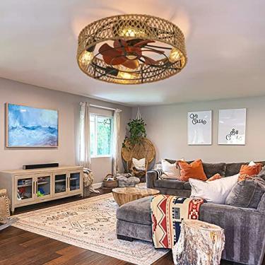 Imagem de Ventilador de teto retrô com luz e controle remoto E27 lâmpadas feitas à mão corda de cânhamo tecelagem ventilador de teto industrial silencioso ventiladores de teto com motor DC reversível