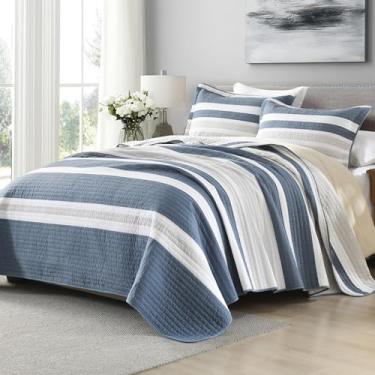 Imagem de SahSahCasa Conjunto de colcha king size, 100% algodão, colcha listrada, conjunto de cama king acolchoado, edredom leve para cama king, todas as estações, 3 peças