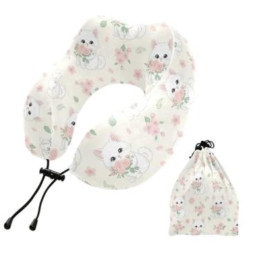 Imagem de Burbuja Almofada de pescoço de flor branca de gato para viagem, almofada de viagem de espuma viscoelástica para dormir, suporte de cabeça de avião de carro, lavável na máquina e portátil