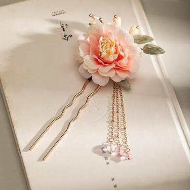 Imagem de Flor de seda vermelha, pérolas e folhas, borlas chinesas, Hanfu e estilo retrô, com clipe de cabelo feito à mão de metal para mulheres e meninas cabelo longo