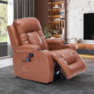 Imagem de Poltrona Do Papai Sala De Estar Giratória Reclinável Manual Austin Aquecimento Massagem Pu Caramelo G94 - Gran Belo