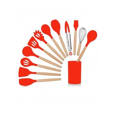 Imagem de Kit de Utensílios de Cozinha Premium 12 Peças – Silicone Resistente e Madeira Natural – Suporte Organizador, Antiaderente, Alta Temperatura (230 °C) (Vermelho)