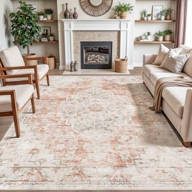 Imagem de DEXI Tapetes de área para sala de estar, tapete tradicional vintage lavável de pilha baixa para quarto, tapete grande antiderrapante para sala de jantar, escritório, berçário, 12 x 20, laranja e