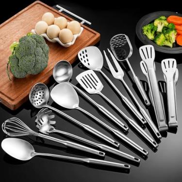 Imagem de NIITAWH 12 peças de utensílios de cozinha de aço inoxidável, conjunto de pequenos utensílios de cozinha, espátulas, concha, escumadeira, afinadores, colher de servir, colher de espaguete, garfo