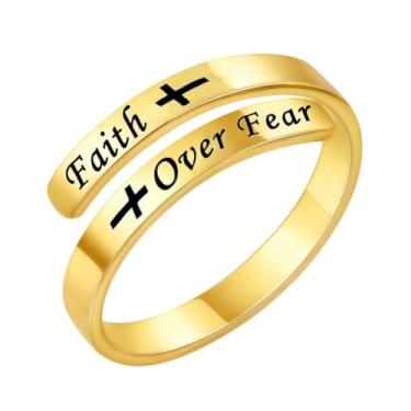 Imagem de Faith Over Fear Cross Anéis inspiradores para mulheres, filha, cristã, abençoada, amor, encorajamento, anéis, ajustável, aberto, minúsculo, pureza, envoltório de polegar, cruz, joias, formatura