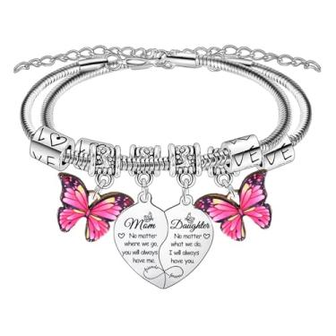 Imagem de Conjunto de pulseiras de mãe e filha para 2 pulseiras de mãe presentes de dia das mães para mães, coração combinando com pingente de borboleta para mãe, filha, presentes de aniversário de Natal para