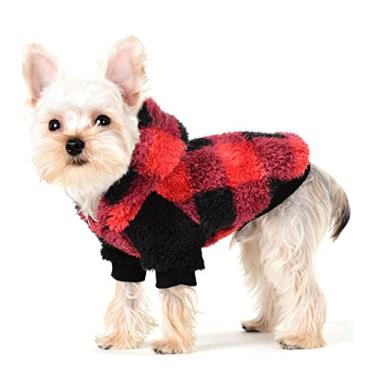 Imagem de Suéter xadrez para cães pequenos, meninas, meninos, com capuz, moletom com capuz, roupas quentes e fofas para clima frio, férias de Natal (PP, vermelho)