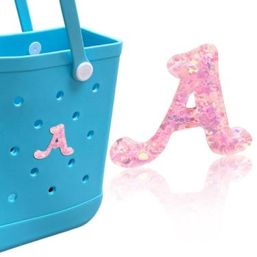 Imagem de HLUWA Berloques de letras para bolsa Bogg, alfabeto itálico rosa lantejoulas acessórios para Bogg e Simply Southern Bag, pingente de letras decorativas para bolsa de praia (A)
