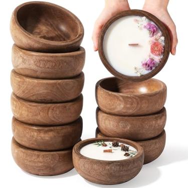 Imagem de Widecook Tigela de massa de madeira 10 peças para vela 15 cm x 5 cm Paulownia tigela de vela redonda de madeira esculpida à mão bandeja de servir decorativa rústica decoração de casa para cozinha