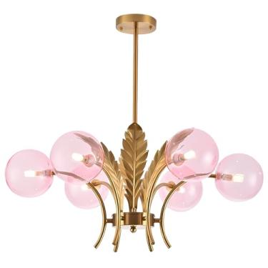 Imagem de BOKT Lustres Sputnik modernos com 6 luzes com pingente de ilha lustre de bola de meados do século com abajur de globo rosa esfera dourada luz de teto para sala de jantar, sala de estar, quarto de