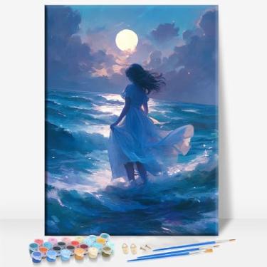 Imagem de HUINORYA Dreamy Woman by The SEA Lady Quadro Quadro DIY Kit de Pintura por Números Bar Café Caverna Casa Parede Banheiro Varanda Pátio Decoração Presente, 40,6 x 30,5 cm