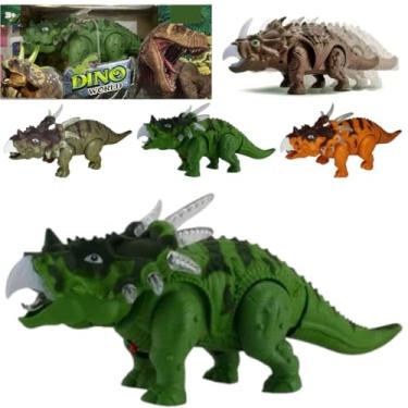 Imagem de Brinquedo Dinossauro TRICERATOPS Com Som Luz Movimento Anda RUGE COLEÇÃO DINO LUZES JURASSICO REX CRIANÇA INFANTIL COM BONECO DIVERTIDO 26 CM (VERDE)