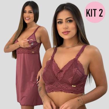 Imagem de Kit Amamentação Camisola Renda + Sutiã Renda Poliamida Gestante - Char